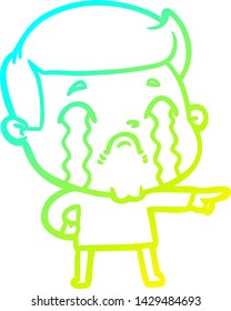 dibujo de una línea de degradado frío de un hombre de dibujos animados llorando