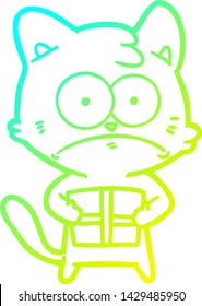 cold gradient line drawing of a cartoon cat with present