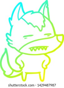 kalte Farbverlauf-Linienzeichnung eines Cartoon-Wolf mit Zähnen