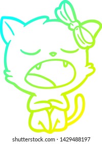cold gradient line drawing of a cartoon yawning cat