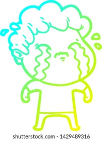 dibujo de una línea de degradado frío de un hombre de dibujos animados llorando