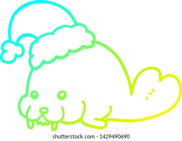 cold gradient line drawing of a cartoon christmas walrus