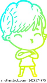 dibujo de línea de gradiente frío de una mujer caricaturista pensando