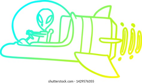 dibujo en línea de gradiente frío de una nave espacial alienígena