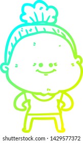 cold gradient line drawing of a cartoon happy old woman