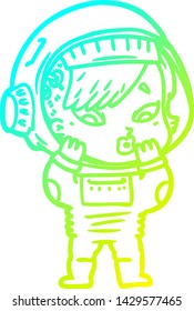 cold gradient line drawing of a cartoon astronaut woman