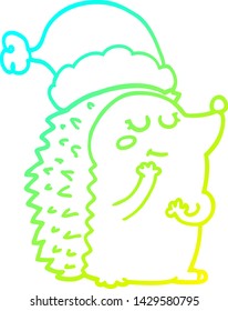 dibujo de una línea de degradado frío de un erizo de dibujos animados con sombrero de navidad