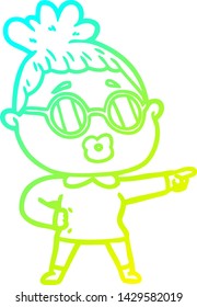 cold gradient line drawing of a cartoon pointing woman wearing spectacles