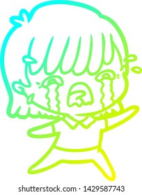 cold gradient line drawing of a cartoon girl crying