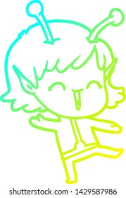 cold gradient line drawing of a cartoon alien girl laughing