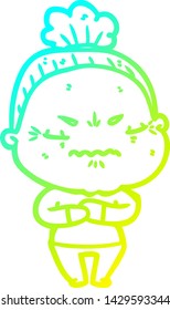 cold gradient line drawing of a cartoon annoyed old lady