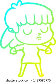 cold gradient line drawing of a cartoon indifferent woman