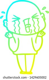 cold gradient line drawing of a cartoon crying bald man