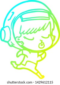 cold gradient line drawing of a cartoon pretty astronaut girl running