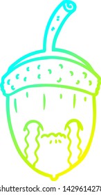 cold gradient line drawing of a cartoon crying acorn