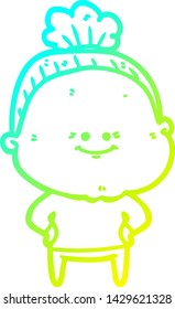 cold gradient line drawing of a cartoon happy old woman