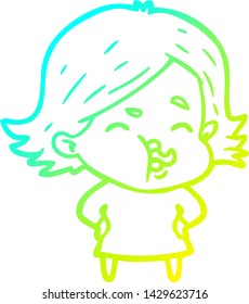 cold gradient line drawing of a cartoon girl pulling face