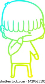 dibujo de una línea de gradiente frío de un niño de dibujos animados con el pelo desordenado