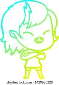 cold gradient line drawing of a cartoon laughing vampire girl with crossed arms