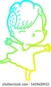 cold gradient line drawing of a cartoon squinting girl