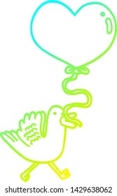 cold gradient line drawing of a cartoon bird with heart balloon