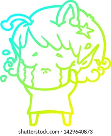 cold gradient line drawing of a cartoon crying alien girl