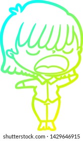 cold gradient line drawing of a cartoon woman talking loudly