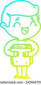 cold gradient line drawing of a cartoon laughing man holding book
