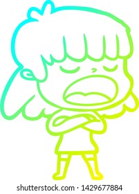 cold gradient line drawing of a cartoon woman talking loudly