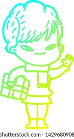 cold gradient line drawing of a cartoon happy woman