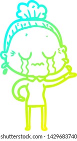 cold gradient line drawing of a cartoon crying old lady
