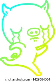cold gradient line drawing of a cartoon running pig crying