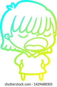cold gradient line drawing of a cartoon woman talking loudly