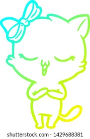 cold gradient line drawing of a cartoon cat with bow on head