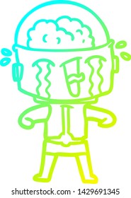 dibujo de línea de gradiente frío de un robot llorando de caricatura