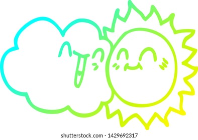 cold gradient line drawing of a cartoon happy sun and cloud
