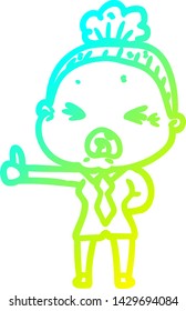 cold gradient line drawing of a cartoon angry old woman