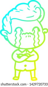 dibujo de una línea de degradado frío de un hombre de dibujos animados llorando