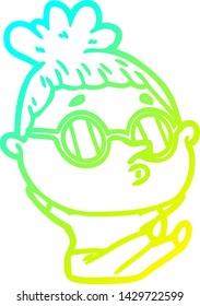 cold gradient line drawing of a cartoon woman wearing sunglasses