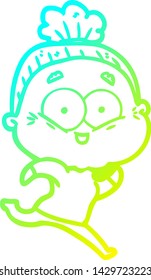 cold gradient line drawing of a cartoon happy old woman