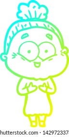 cold gradient line drawing of a cartoon happy old woman