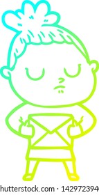 kalte Farbverlauf-Linie Zeichnung einer Cartoon ruhigen Frau