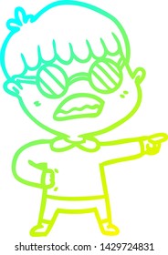 cold gradient line drawing of a cartoon pointing boy wearing spectacles