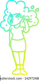 cold gradient line drawing of a cartoon girl playing with hair