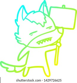 dibujo de una línea de gradiente frío de un lobo de dibujos animados con un cartel que muestra los dientes