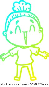 cold gradient line drawing of a cartoon happy old lady