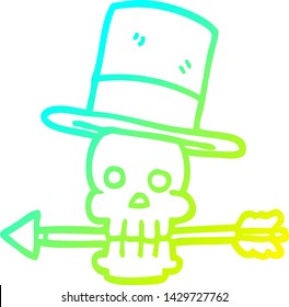 cold gradient line drawing of a cartoon skull and arrow