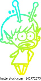 cold gradient line drawing of a cartoon shocked alien girl