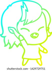 dibujo en línea de gradiente frío de una caricatura que ríe muchacha vampiro ondeando