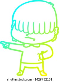 dibujo de una línea de gradiente frío de un niño de dibujos animados con el pelo desordenado
